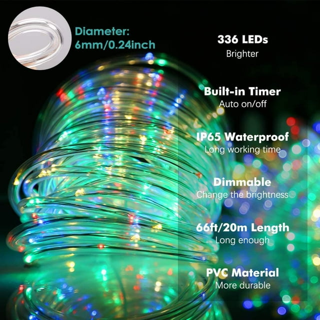 Rope Lights Outdoor, 72ft 336 LED String Lights Plug in Connectable Remote Dimmable Waterproof Indoor Outdoor Rope String Lights for Party/Tree/Patio/Garden/Deck/Fence/Roof Decor(Multicolor)
