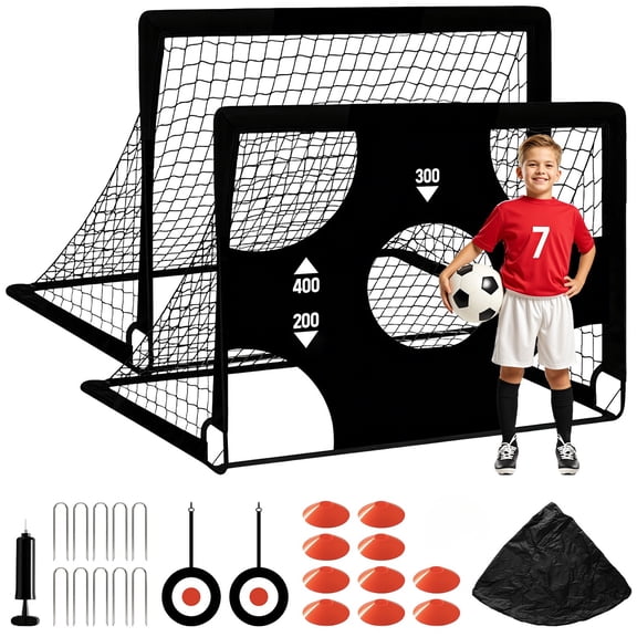 LNOW Set of 2 Portable 4x3 ft Kids Soccer Goals for Backyard – Toddler Training Equipment with Target, Ball, Cones & Net – Outdoor Sports Gift