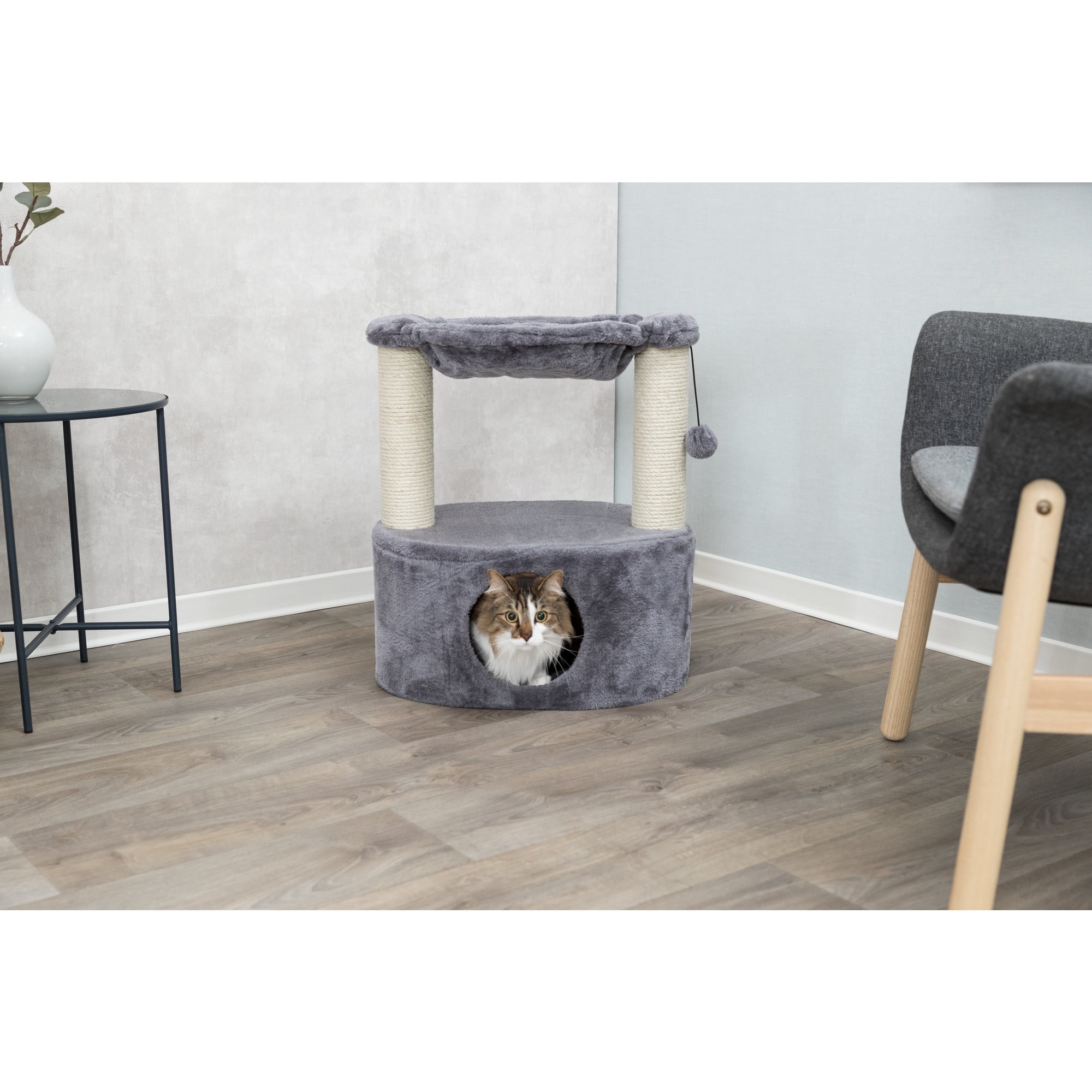 TRIXIE Baza Grande Plush & Sisal 24" Cat Tree, Cat Condo and Hammock, Cat Toy, Gray