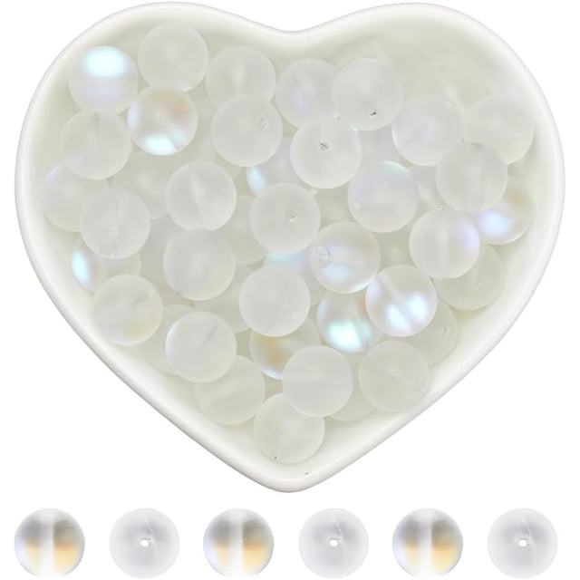 1 caja de 80 cuentas de piedra lunar de vidrio a granel de 10 mm, cuentas esmeriladas, bolas redondas transparentes mate, espaciadoras de escarcha Aurora, cuentas sueltas