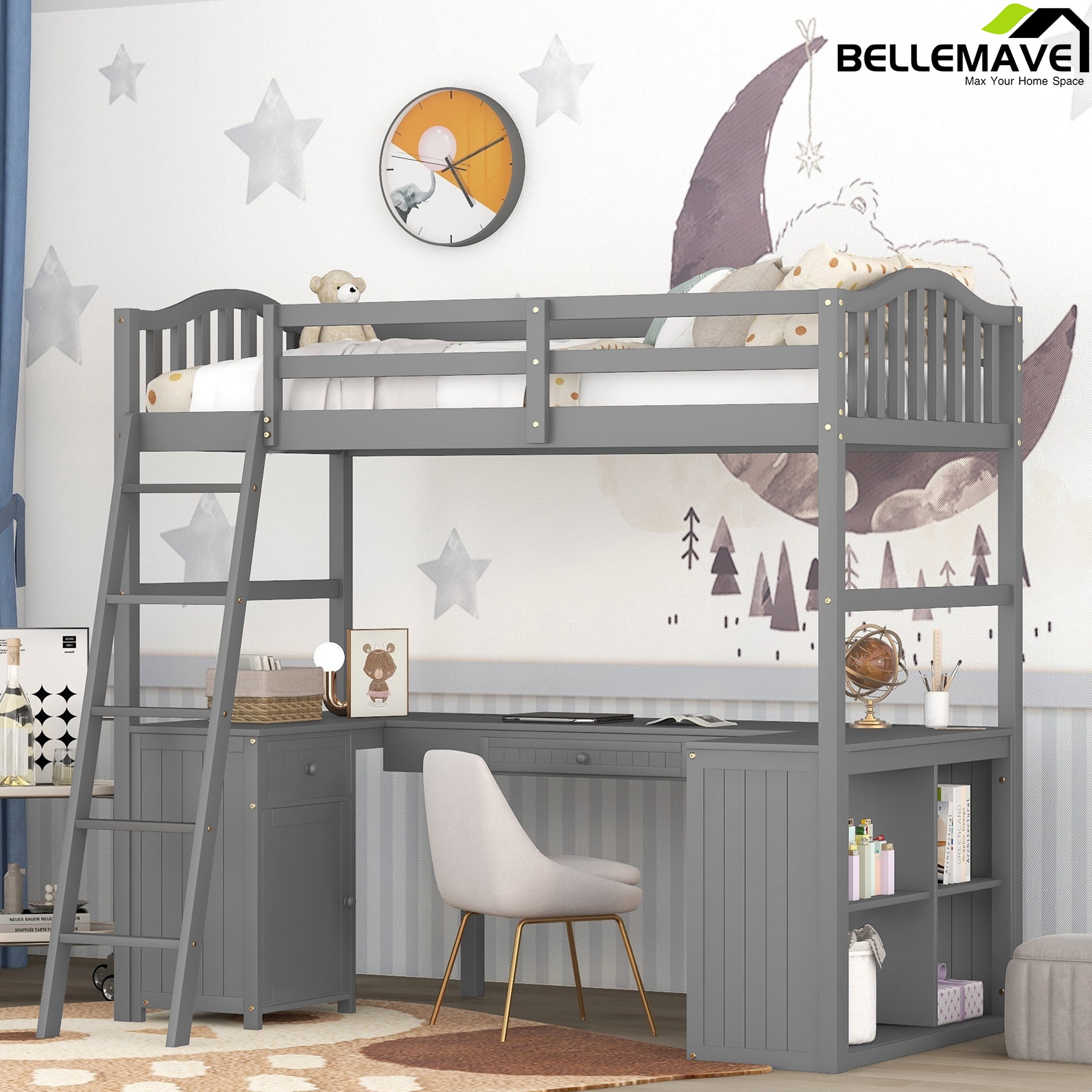 Bellemave Twin Size High Loft Bed with Desk and Drawers for Kids,Wooden