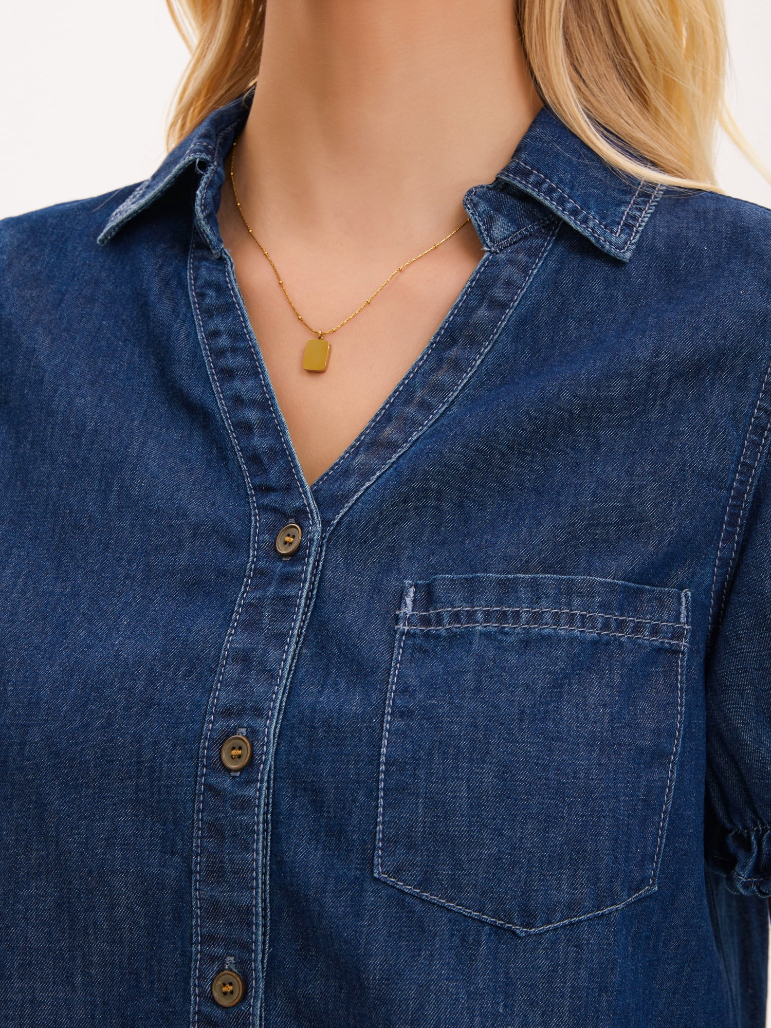 DARING DIVA Women's Denim Shirt Short Sleeve V Neck Button Front Jean Tops 2XL Dark Blue