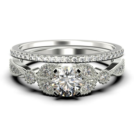 Bridal Set 2.00 Carat Round Cut Diamond Moissanite Engagement Ring, Matching Wedding Band in 925 Sterling Silver With 18k White Gold Plating, Leaf Ring, Promise Ring, Anniversary Gift