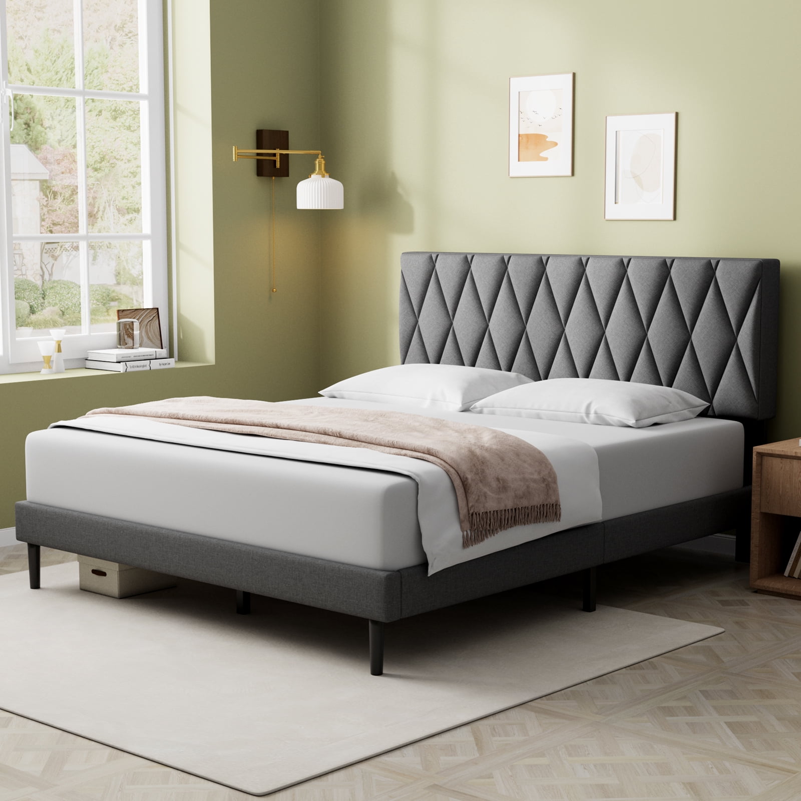 Queen Bed Frame, Lecuneey Queen Size Platform Bed with Fabric Upholstered Headboard, Dark Grey