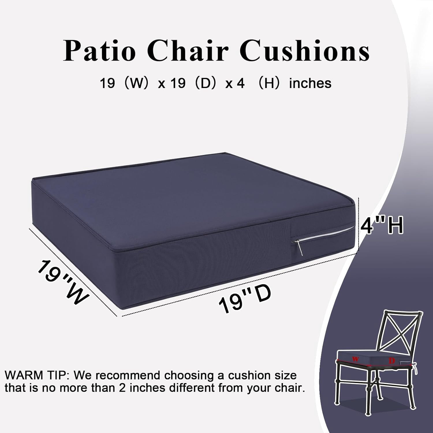 Outdoor Chair Cushions 19x19x4 Inch, Waterproof Grey Patio Furniture Cushions Set of 2 with Ties & Handle, 3 Year Color Fastness Square Replacement Seat Cushions for Sofa, Couch