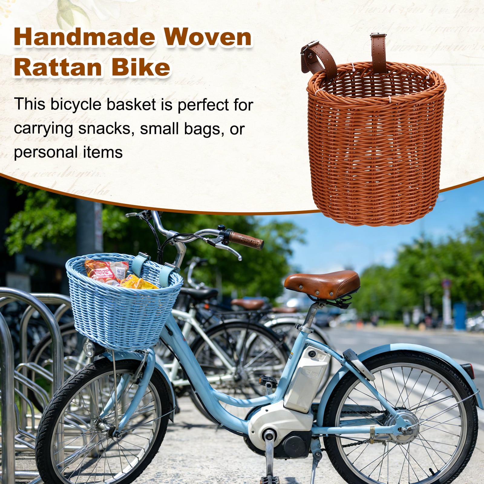Uxcell Bike Basket, Imitation Rattan Bicycle Basket Adjustable Front Baskets with 2 Leather Belt Buckles Strong Load 7.3 x 7.3 x 8.2" & Brown-Fitting For(Most Bikes/Tricycle/Scooters)