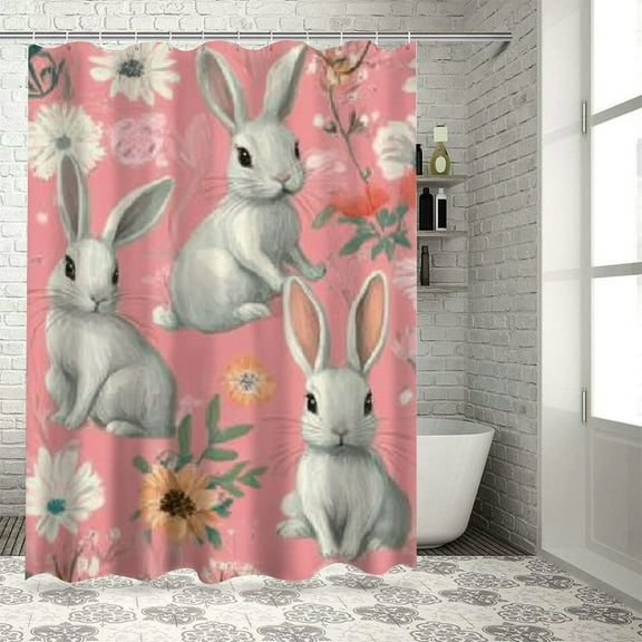 Sheronv Rabbits Flowers Kitsch Movement Bathroom Decor Set with Hooks and HD Print Polyester Fabric Shower Curtain, Chic Modern Design 36"x72