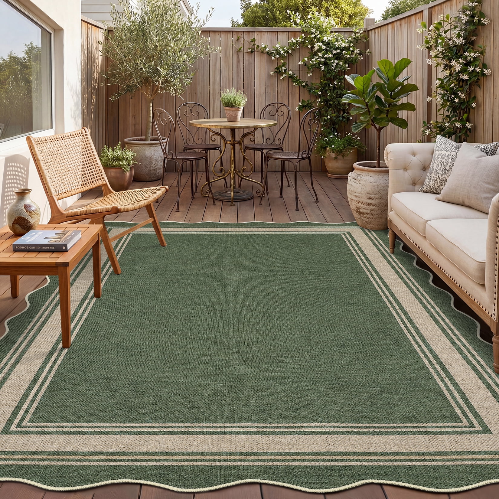 Nanan Scalloped Area Rug 9'x12' Edge Jute Rug, Washable Non Slip Low Pile Indoor Outdoor Rug Farmhouse Carpet for Living Room Dining Room Patio Entryway, Green