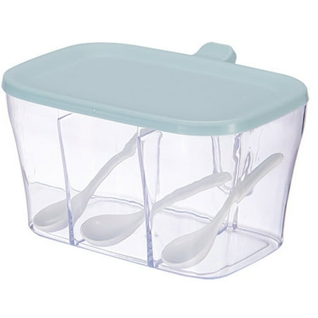 

Kitchen Spice Sugar Box Condiment Plastic Container Transparent Body 3-slots Salt Seasoning Storage Blue