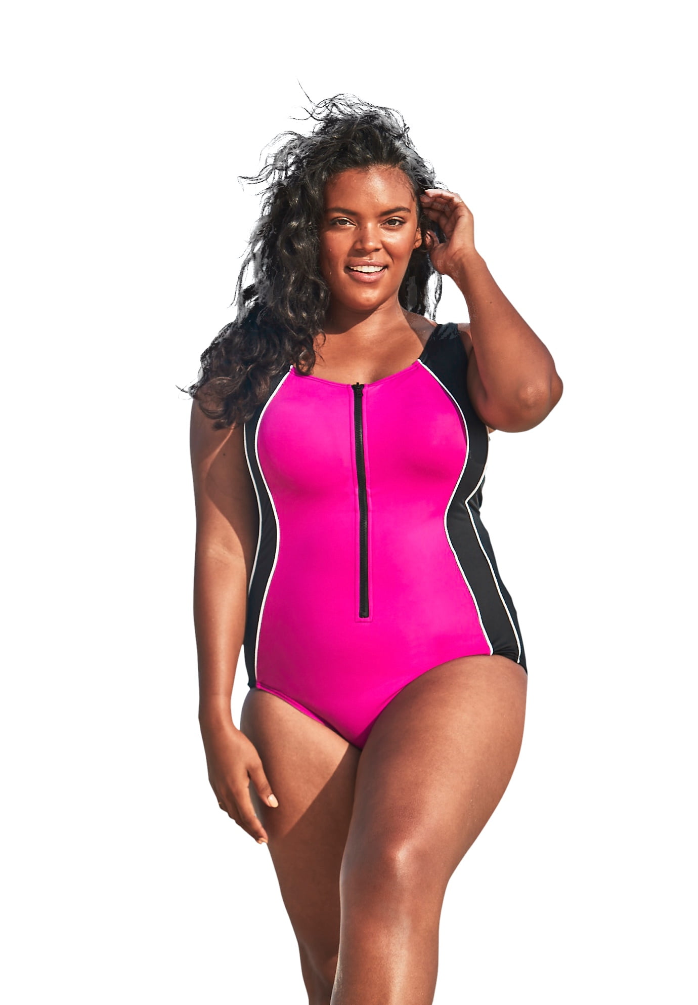24W-26W 3X Coastal Blue Womens Plus Size Control Swimwear Front Zipper One Piece Swimsuit Black