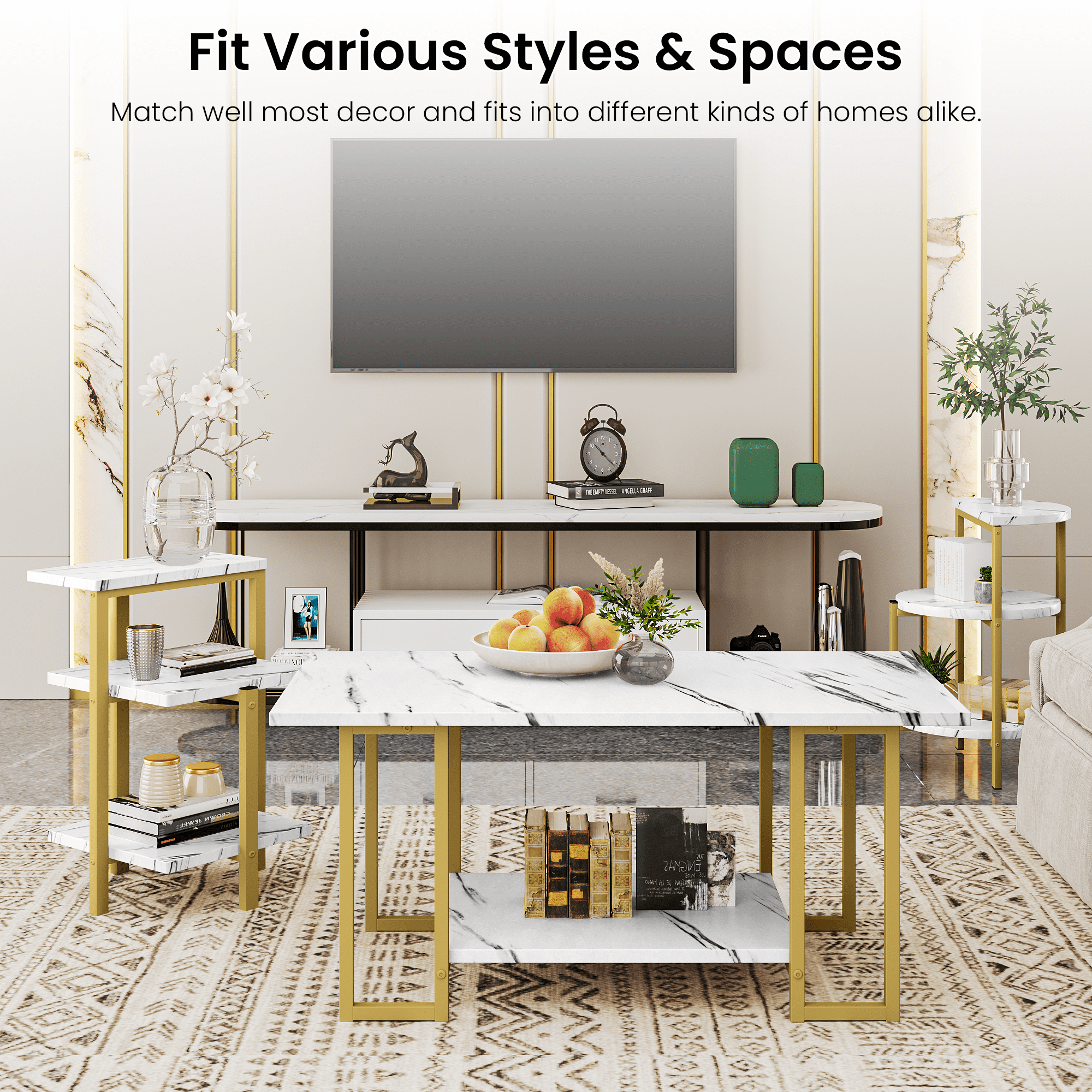 Baxluxe 3 Pieces Faux Marble Table Set, Modern Rectangle Coffee Table with 2 Side Table, Faux Marble Tabletop and Metal Frame, 3 Pieces Table Sets for Living Room, Apartment, White & Black
