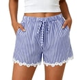 thumbnail image 2 of Yievot Cotton Linen Shorts for Women Striped Lace Trim Elastic Waist Drawstring Relaxed Fit Summer Casual Beach Shorts, 2 of 7