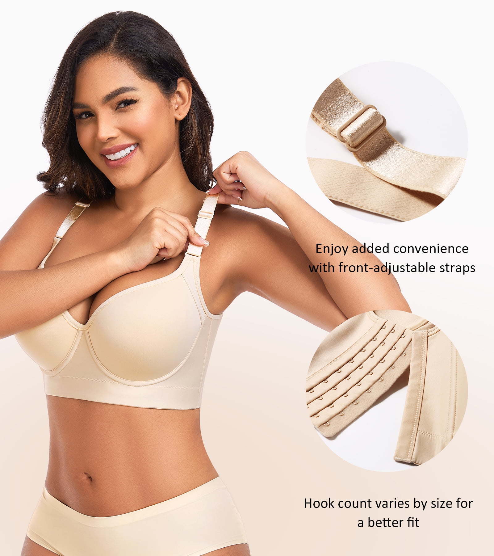 Exerin Women's Push Up Underwire Full Coverage Sculpting Uplift Support Hide Back Fat Bra(40B,Beige)