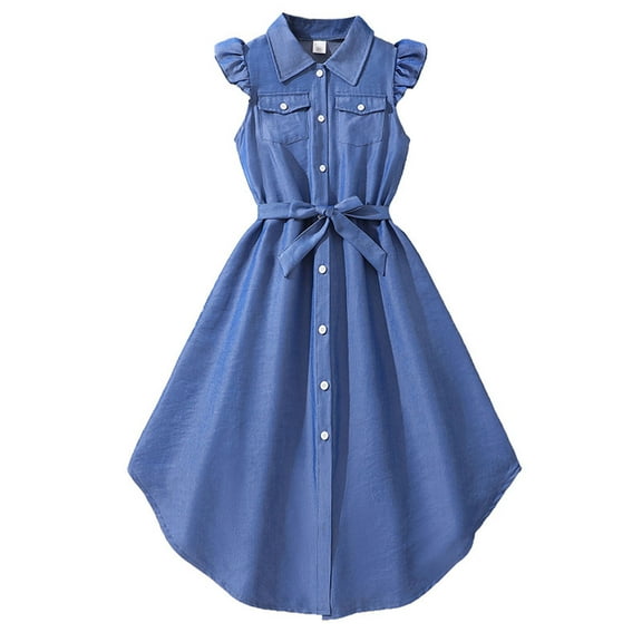 KkSLirnhs Girls Dresses Size 14-16 Girls' Summer Imitation Denim Fly Sleeved Shirt Lapel Dress 8 Years Blue