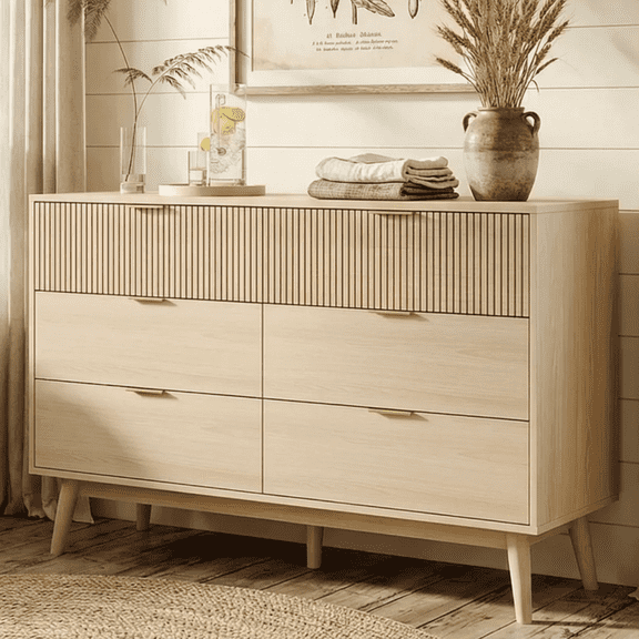 RichYa Fluted 6-Drawer Dresser for Bedroom, Chest of Drawers with Metal Handle,Wooden TV Stand for Living Room, Nursery