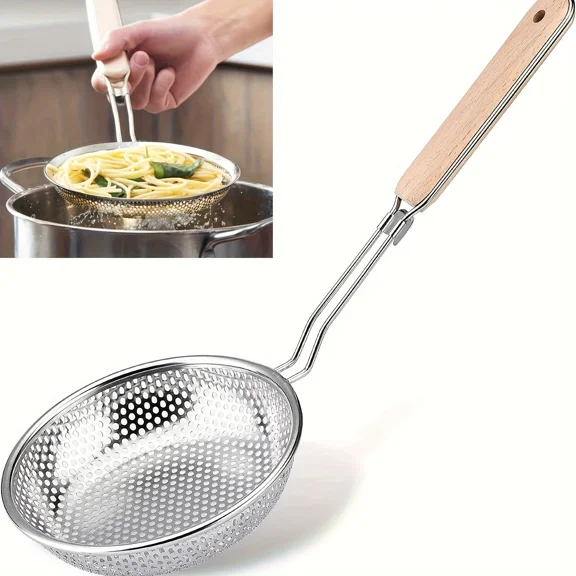 Stainless Steel Fine Mesh Skimmer with Wooden Handle – Durable Strainer Spoon for Draining Pasta, Noodles, and Fried Foods, Kitchen Cooking Tool