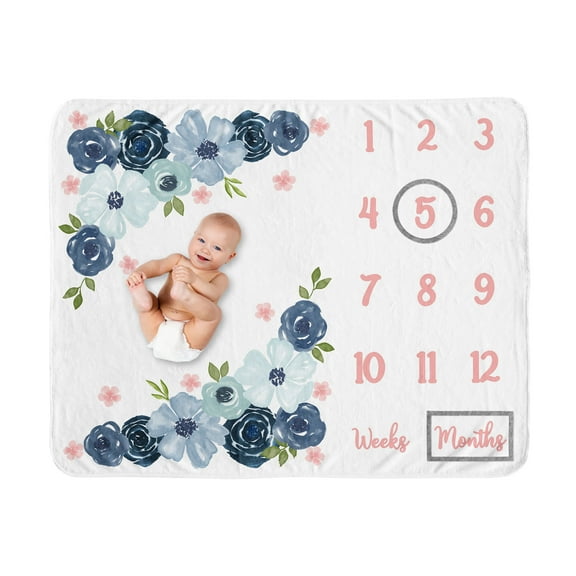 Sweet Jojo Designs Watercolor Floral Blue Green and Pink Fleece Milestone Baby Blanket 3 Piece Set