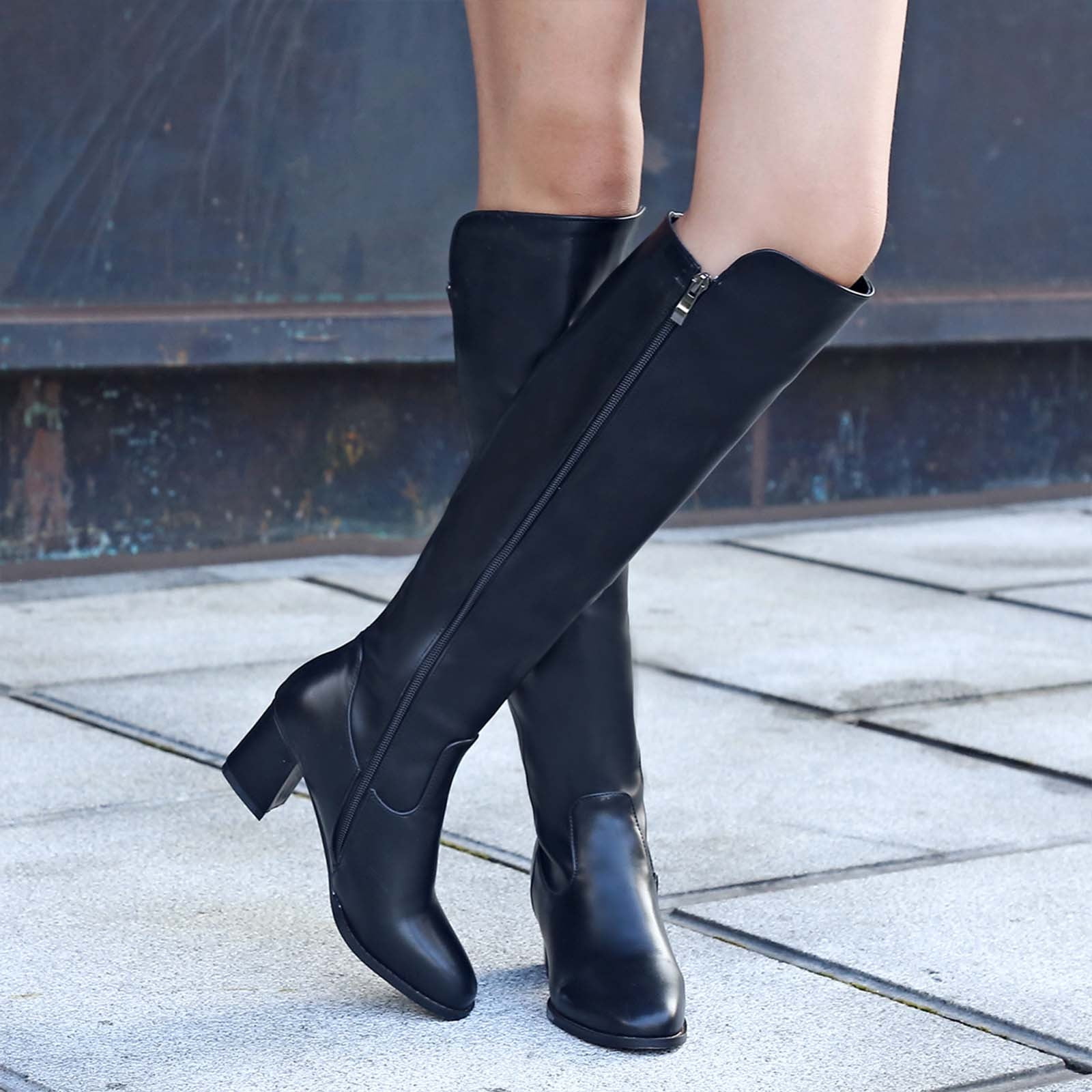 Yang Su Women s Square Soild Heel Pointed Zip Knee High Boots