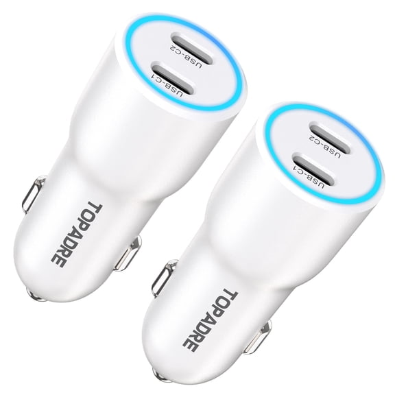 Topadre 2-Pack 40W USB-C Fast Car Charger, Dual-C Ports Compatible with iPhone, iPad, Samsung Series