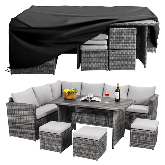 7 Pieces Wicker Patio Furniture Set, Grey Outdoor Dining Conversation Set with Table, Chairs, Ottoman & Sofa Dust Cover