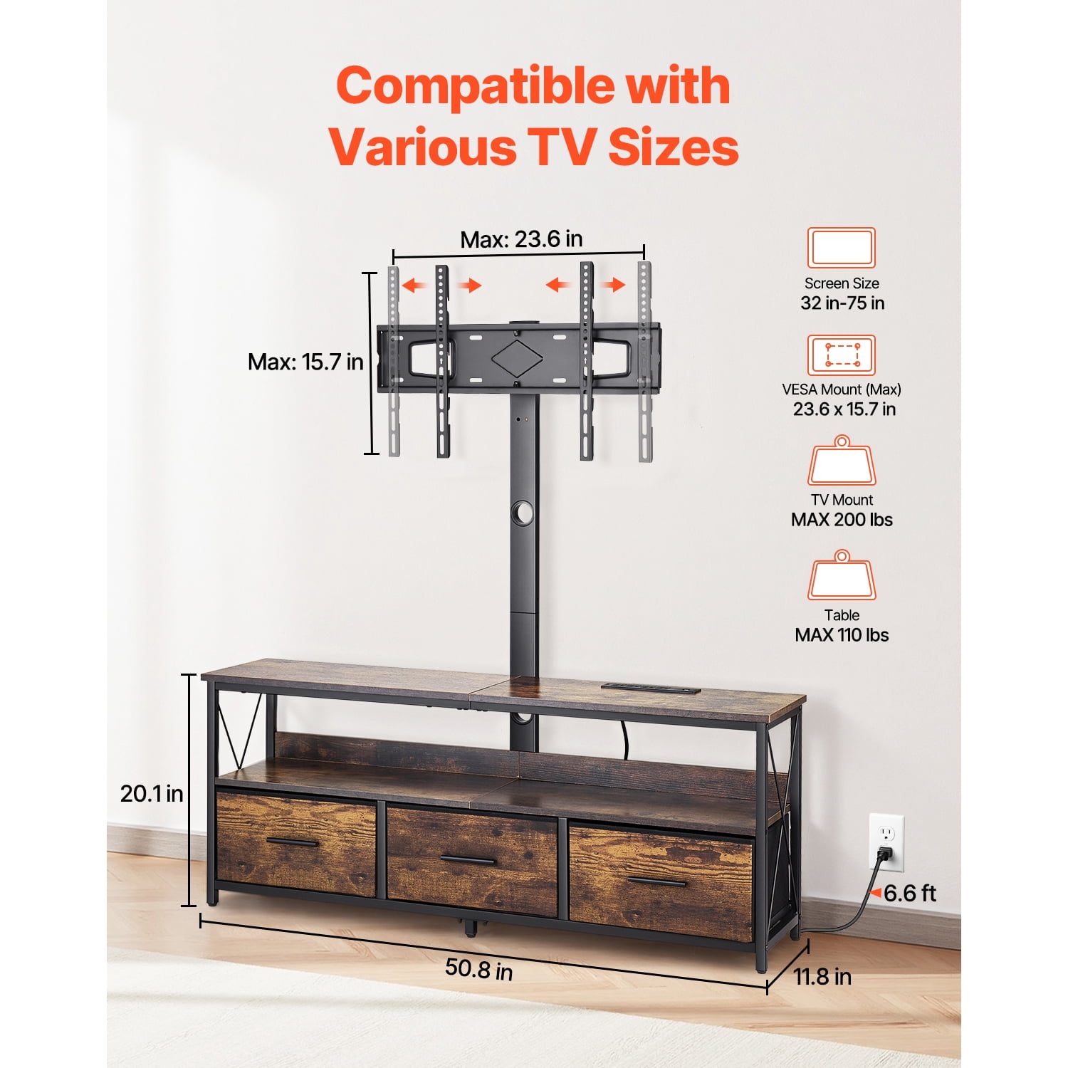 KFFKFF 52" Television Stand Suits 32-75", TV Console with Power Outlet and LED Lighting, Swivel & Height Adjustable TV Mount, Ideal for Bedroom