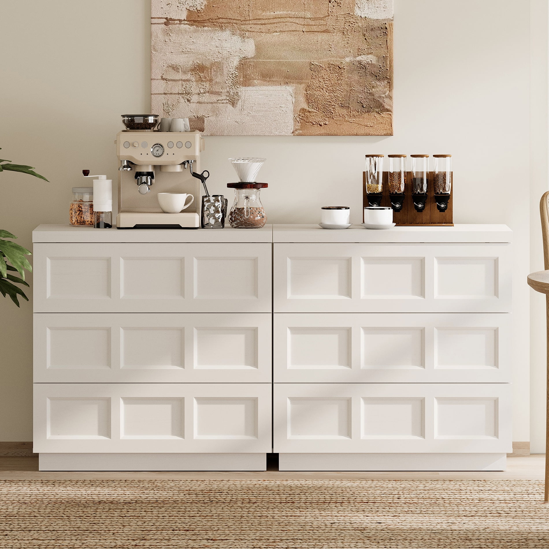 HOMOOI 6-Drawer Sideboard Cabinet, Boho 63" Thickened Wood Storage Buffet Console with Pop-Up Rebound Drawers, Smooth Silent Gliding Design, Anti-Wobble Stable Accent Cabinet for Dining Room,White