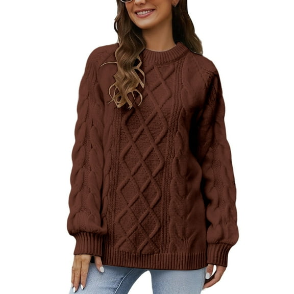 DuoJiaJ Sweaters for Women Winter Pullover Crewneck Cable Knit Oversized Tops Long Sleeve Loose Outwear Cozy Sweater Brown L