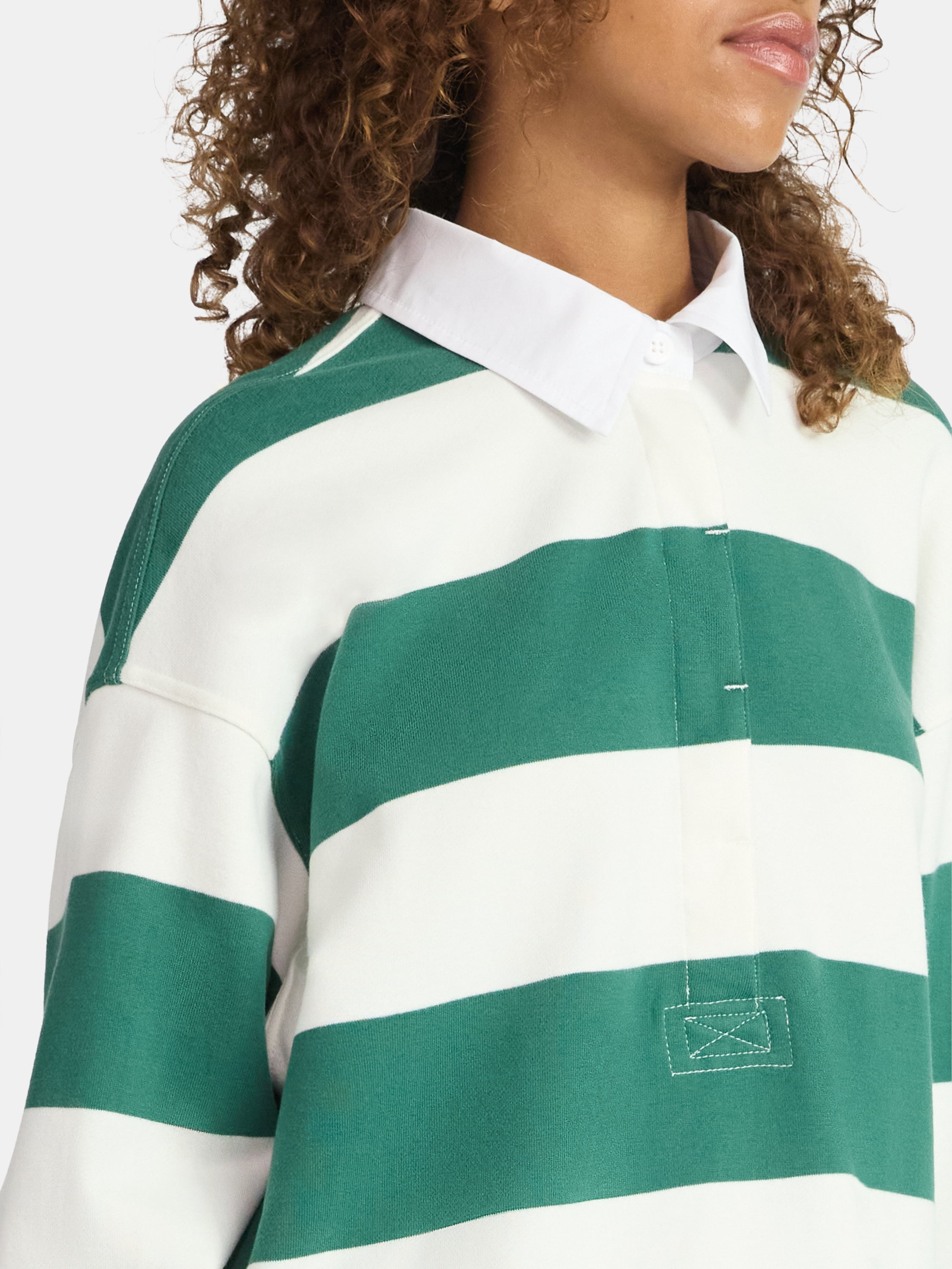 No Boundaries French Terry Rugby Polo Top with Long Sleeves, Women's