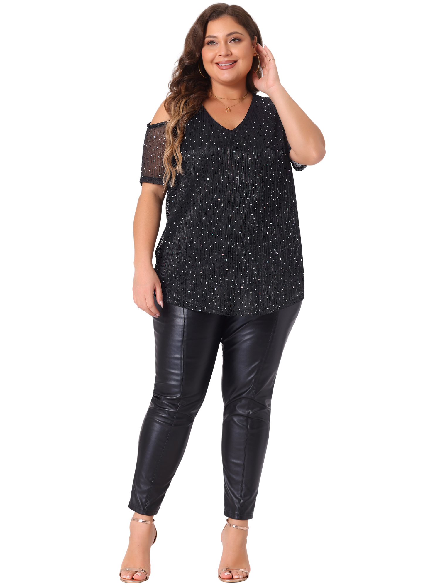 Women's Plus Glitter Sequin Cold Shoulder Short Sleeve Party Blouse 2X Black