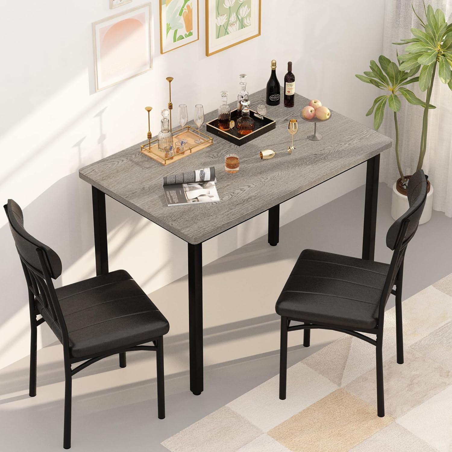 Baxluxe 2-Person Dining Table Set for 2, Small Rectangle Kitchen Table with 2 Backrest Dining Chairs, 3 Pieces Industrial Dining Table and Chairs Set, Wooden Dinette Set for Small Space, Gray
