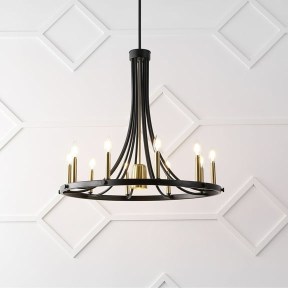 JONATHAN Y Dante 30" 11-Light Transitional Modern Iron Adjustable Wagon Wheel LED Chandelier with Downlight, Black/Brass Gold, JYL2506A