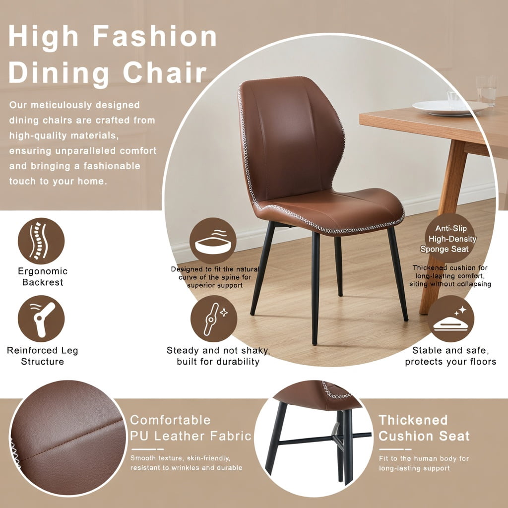Hommoo 4-Pack PU Leather Dining Chairs with Black Metal Legs, Ergonomic, Adjustable Feet, Stain-Resistant for Dining Room, Office & Living Space, Brown