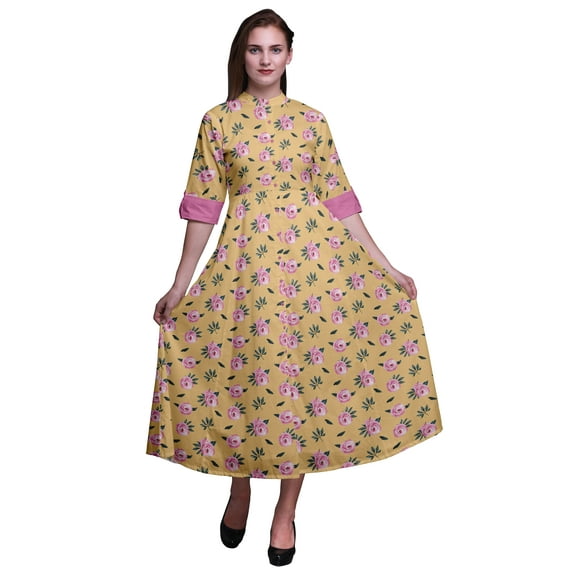 Bimba Floral Printed Roll Up Sleeves Button Down Mid-Calf Women Shirt Dress-X-Small