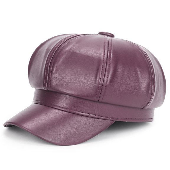 Women Beret PU Leather Casual Newsboy Cap, Vintage Octagonal Flat Cap Gatsby Driving Ivy Hat - purple