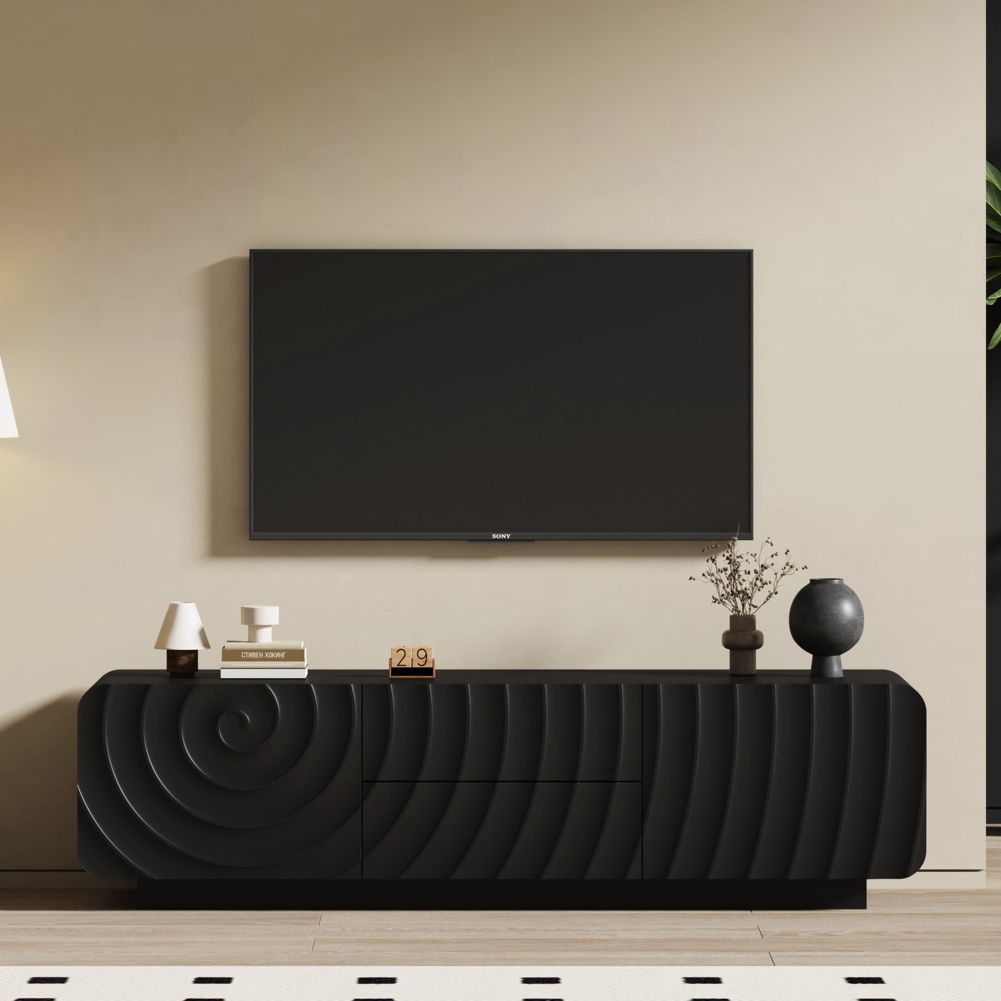 BSHTI 58"Wide Rustic Wood Long TV Stand with Storage Cabinet, 2 Drawers, Spiral Wave Design, Sturdy Legs for Living Room (Black)