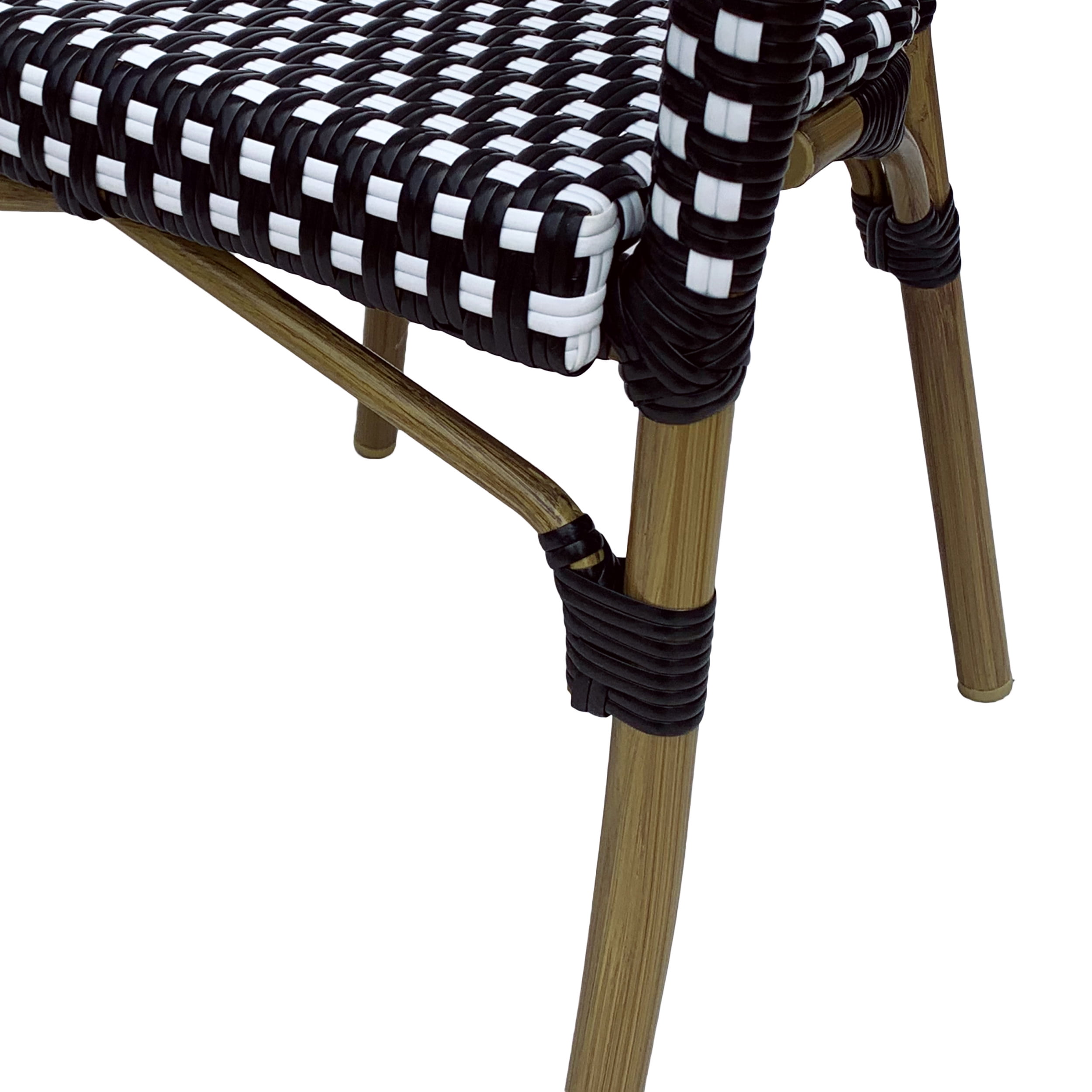 Baton Aluminum and Wicker Outdoor French Bistro Chairs, Set of 4, Black, White, and Wood Print