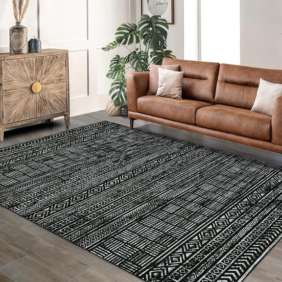 10x13 Oversized Tribal Print Area Rug, Washable Non-Shedding Soft Low Pile Flat Woven Carpet for Large Living Room Bedroom,black