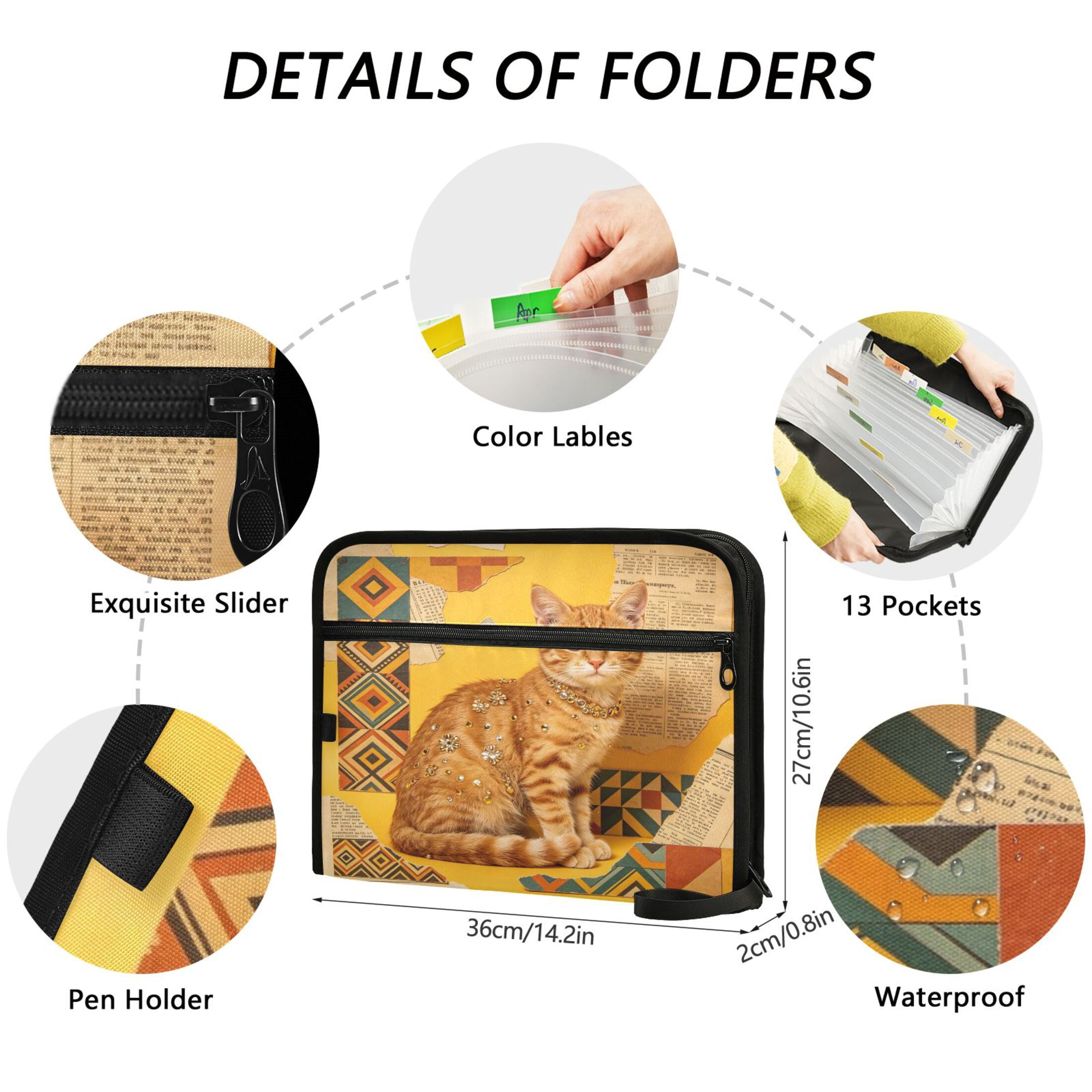 13-Pocket Expanding File Folder—Nylon Accordion File Organizer with Handwritten Labels, Glam Orange Cat