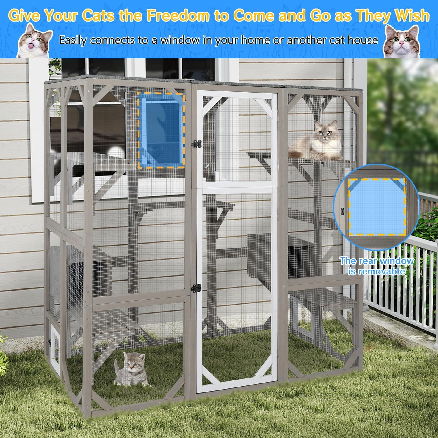 PETSCOSSET 71" Catio Outdoor Cat Enclosure Large Wooden Cat House with 5 Platforms for Multiple Cats
