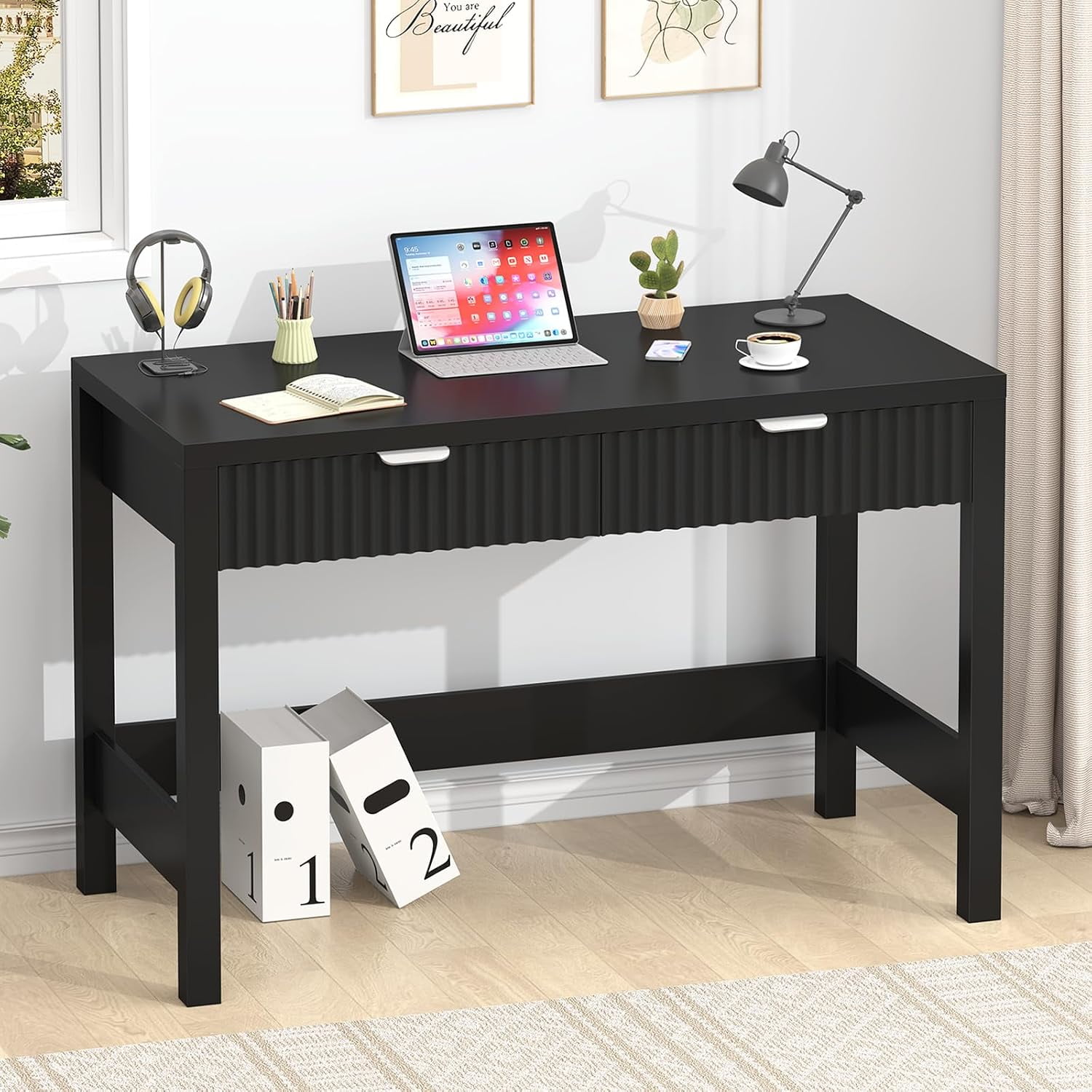 Fluted Computer Desk Small Wooden Writing Desk with 2 Drawers and Built-In Outlet & USB Engineered Wood Rectangular Table 39 Inch Desk Black