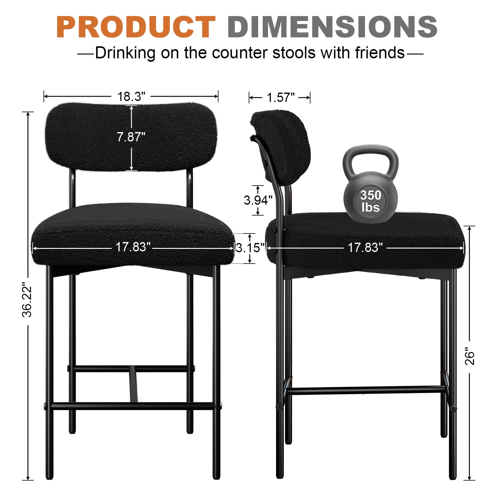 Hommpa Bar Stools Set of 3 with Back & Footrest 26" Counter Height Barstools Boucle Bar Chairs Modern Pub Chairs Black Plush for Kitchen Island Bistro Coffee Shop Mid Back