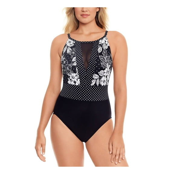 SWIM SOLUTIONS Women's Black Printed Stretch Tummy Control High Scoop Neck Mesh Fixed Cups Adjustable Full Coverage One Piece Swimsuit 8