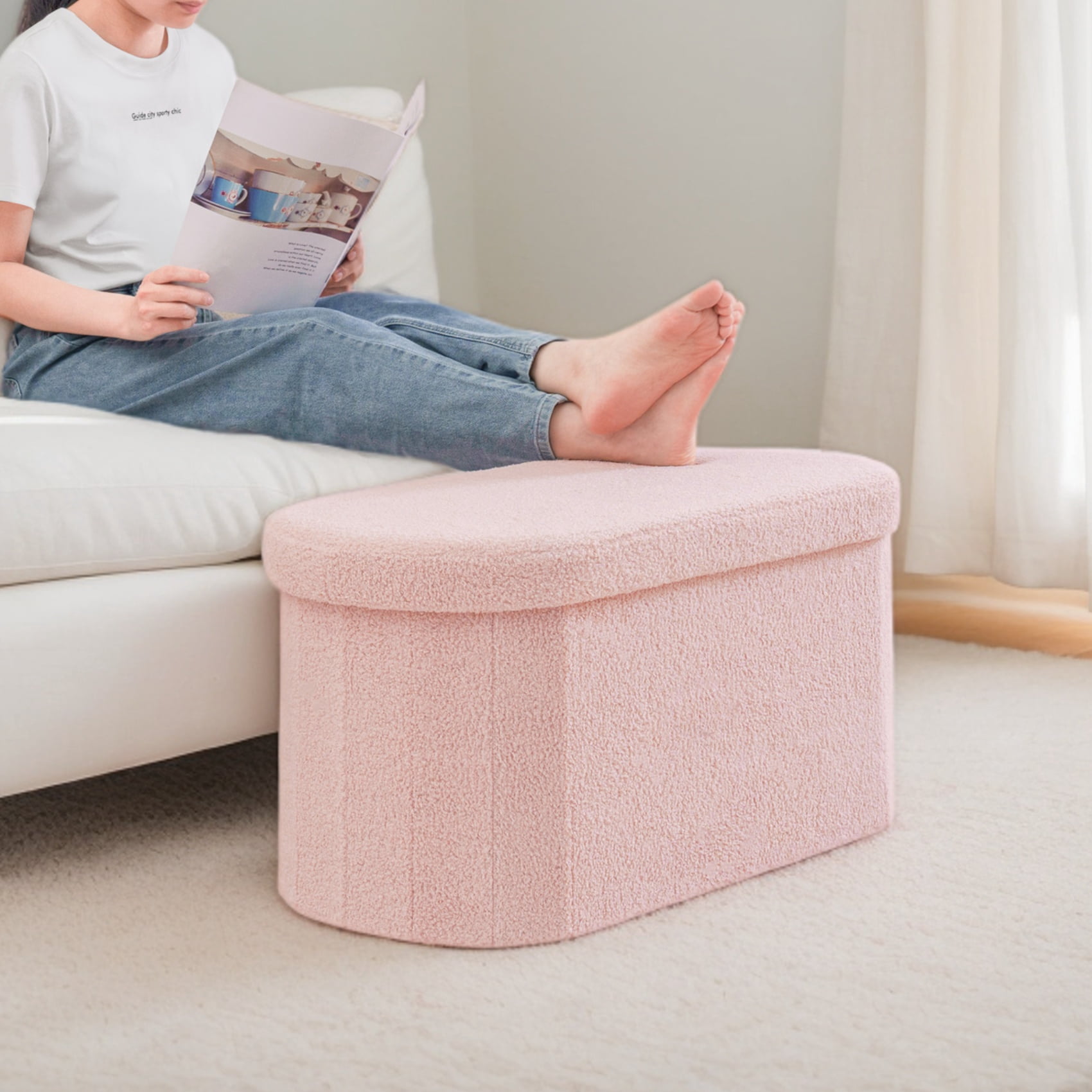 PINPLUS Storage Ottoman Bench Tufted Oval Ottoman Bench Foot Rest Velvet Bench with Storage 30" Pink