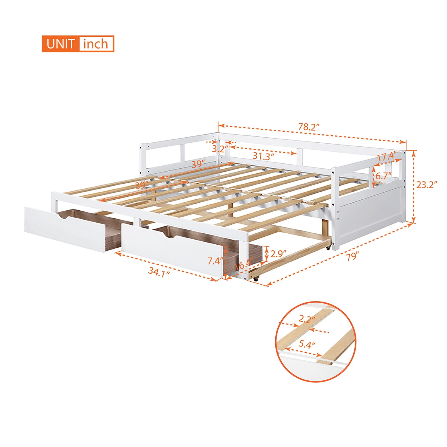 Gewnee Solid Wood Twin Size Extending Daybed with Two Storage Drawers,White
