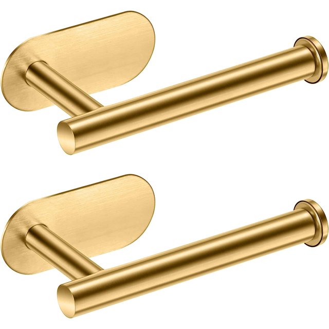 Portarrollos de papel higiénico dorado autoadhesivo, acero inoxidable SUS 304, portarrollos de papel higiénico sin taladrar, oro cepillado para baño/lavabo/cocina (dorado, 2 piezas)