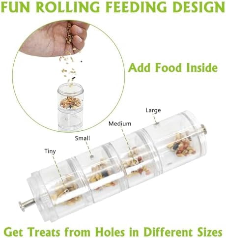 Bird Feeder for Cage with Rotating Foraging Toy No Mess Acrylic Hanging Food & Water Dispenser with Stainless Steel Bowl & Anti-Slip Perch Stand for Parrot, Budgie, Parakeet, Lovebird, Canary