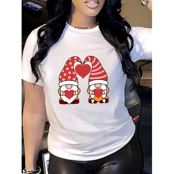 Camiseta con estampado de corazón y gnomo de San Valentín: cuello redondo informal y manga corta para mujer, suave