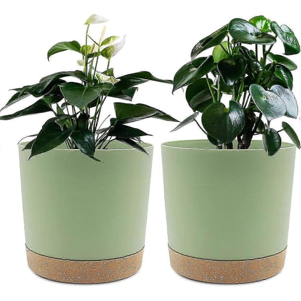 Set of 2 Plant Pots 16cm, Indoor Plant Pots with Drainage Holes and Removable Base, Modern Decorative Saucer for Outdoor Planters (Green 16cm)