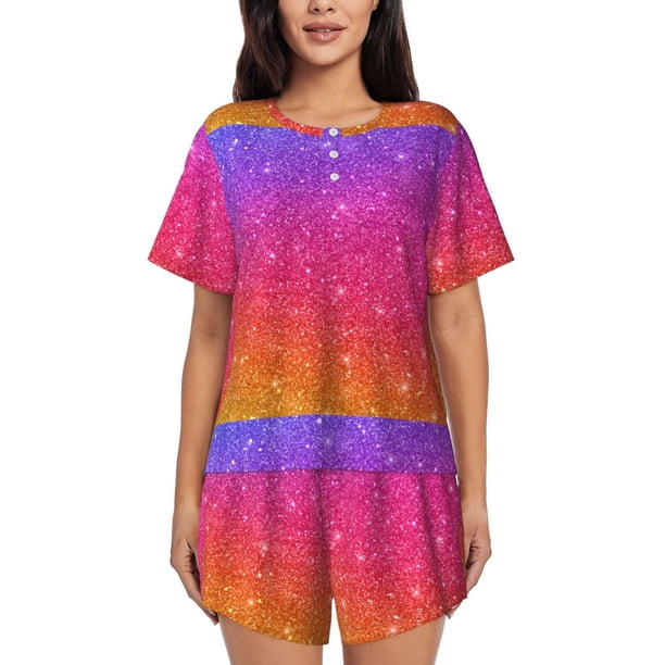 Balery Holiday Shiny Conjunto de Pijama para Mujer con Estampado, Dos Piezas de Manga Corta y Shorts, Ropa de Dormir Suave con Cuello Redondo y Bolsillos-3X-Large