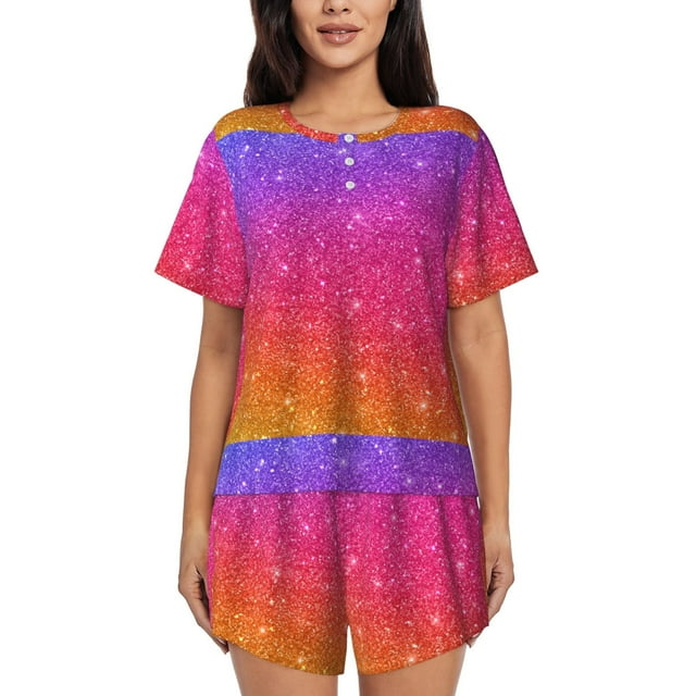 Balery Holiday Shiny Conjunto de Pijama para Mujer con Estampado, Dos Piezas de Manga Corta y Shorts, Ropa de Dormir Suave con Cuello Redondo y Bolsillos-XX-Large
